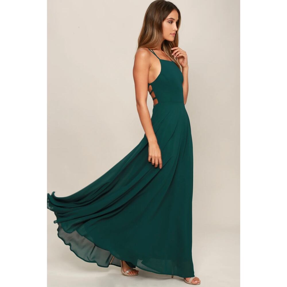 Lulus Strappy To Be Here Forest Green Lace-Up Maxi Dress Size Medium Formal Gown - Picture 2 of 16